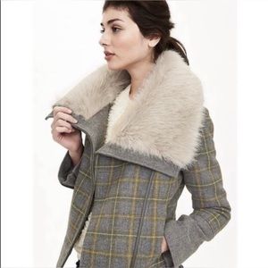 Banana Republic Faux Fur Plaid Moto Coat